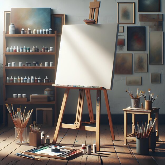 Photo canvas placed on a wooden easel in an artists studio with various paints brushes and art supplies