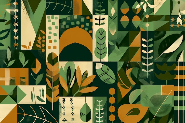 Canvas poster with geometric shapes in forest greens and earthy browns featuring natural patterns