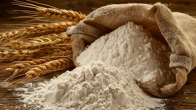 Photo canvas sack overflowing with flour on rustic table wheat ears traditional bakery feel