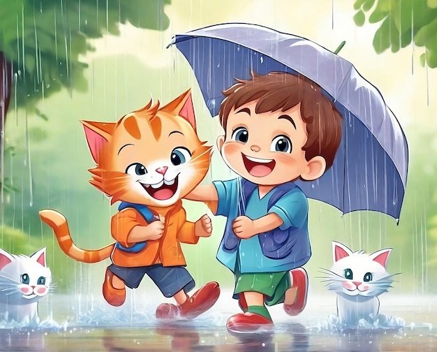 canvassing illustration of boy and cats enjoy the nature of rain with expression