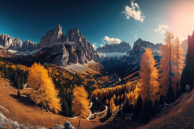 Canyon in the Dolomites Italy illuminated by golden rays of fall sunlight Panorama of mountains