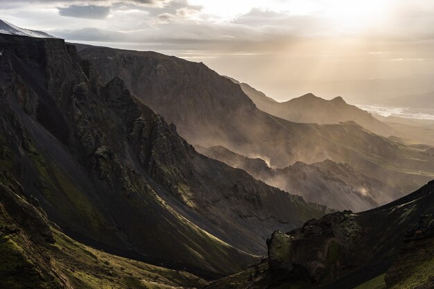 Canyon and Mountain peak during dramatic and colorful sunset on the Fimmvorduhals Hiking trail near Thorsmork.