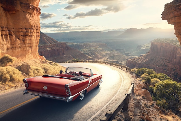 Photo canyon views along route 66 with a vintage convertible