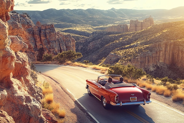 Photo canyon views along route 66 with a vintage convertible