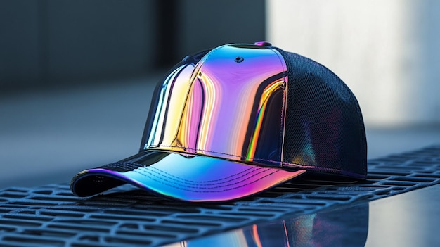 Photo a cap with a rainbow colored band sits on a table