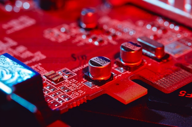 Capacitors on a computer board close up