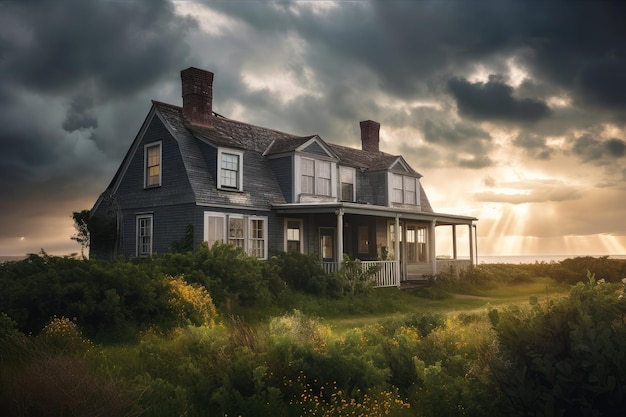 Cape cod house exterior with view of dramatic stormy sky created with generative ai