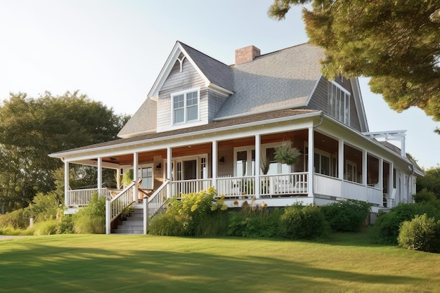 Cape cod house with wraparound porch and rocking chairs created with generative ai