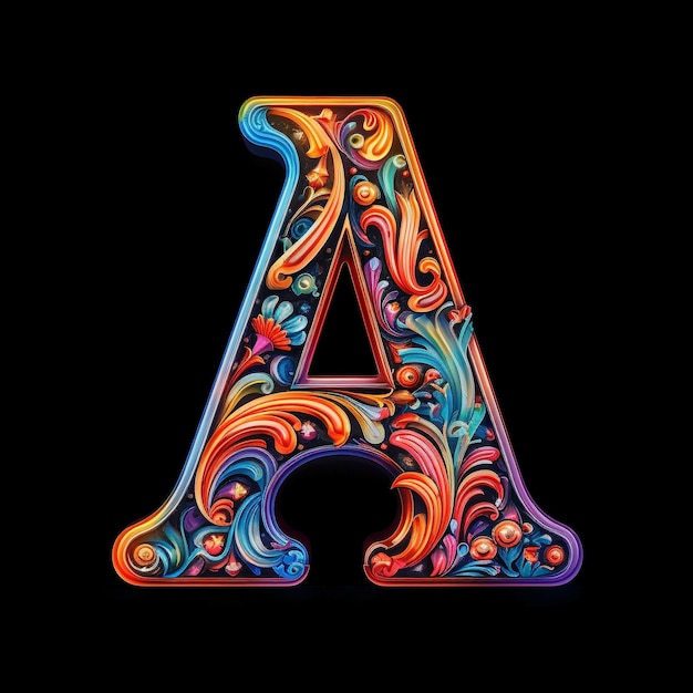 Capital letter alphabet neon color on black background