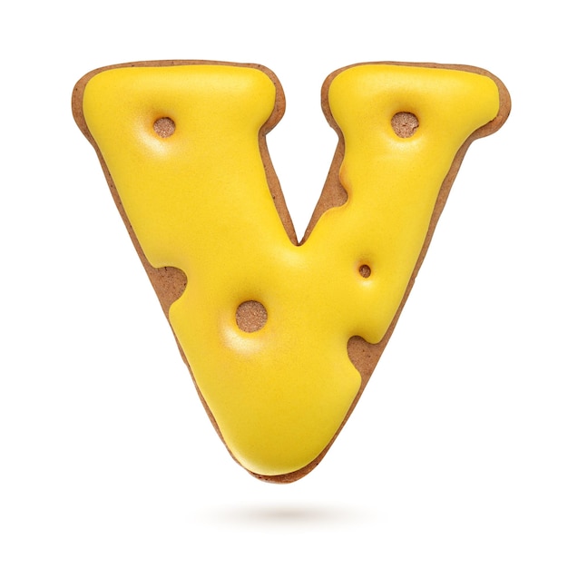 Capital letter V yellow homemade gingerbread biscuit isolated on white background