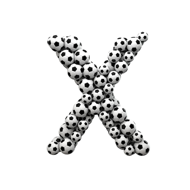 Capital letter X font made from a collection of soccer balls 3D Rendering