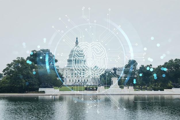 Capitol dome building exterior Washington DC USA Home of Congress Capitol Hill American political system Artificial Intelligence concept hologram AI machine learning neural network robotics