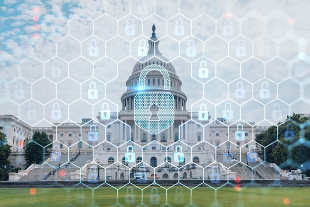 Capitol dome building exterior Washington DC USA Home of Congress and Capitol Hill American political system The concept of cyber security to protect confidential information padlock hologram