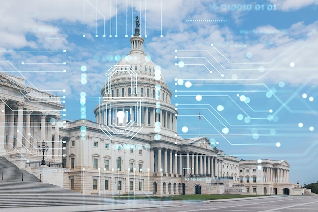 Capitol dome building exterior Washington DC USA Home of Congress and Capitol Hill American political system The concept of cyber security to protect confidential information padlock hologram