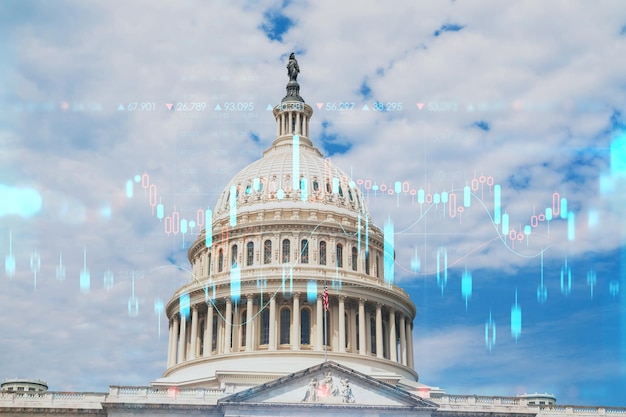 Capitol dome building exterior Washington DC USA Home of Congress Capitol Hill American political system Forex graph hologram The concept of internet trading brokerage and fundamental analysis