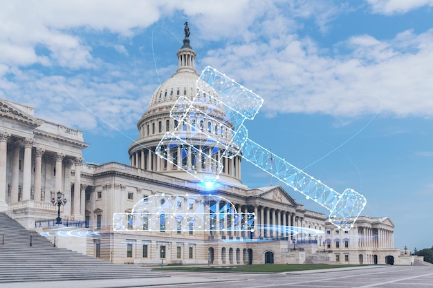 Capitol dome building exterior Washington DC USA Home of Congress Capitol Hill American political system Glowing hologram legal icons The concept of law order regulations and digital justice