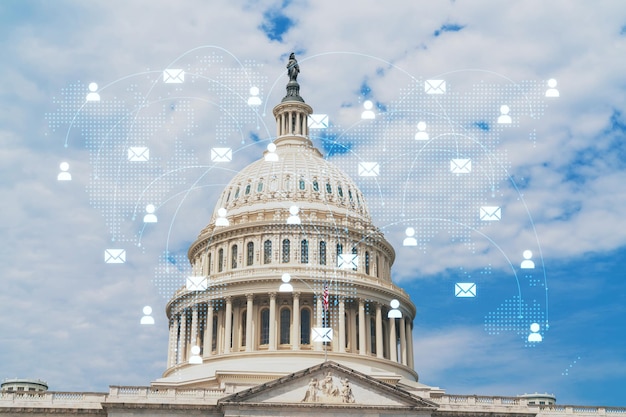 Capitol dome building exterior Washington DC USA Home of Congress and Capitol Hill American political system Social media hologram Concept of networking and establishing new people connections