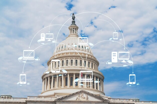 Capitol dome building exterior Washington DC USA Home of Congress and Capitol Hill American political system Social media hologram Concept of networking and establishing new people connections