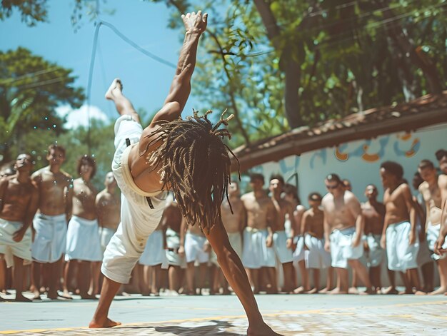 Photo capoeira demonstration in a tropical setting with participants engaged in a circle during daylight