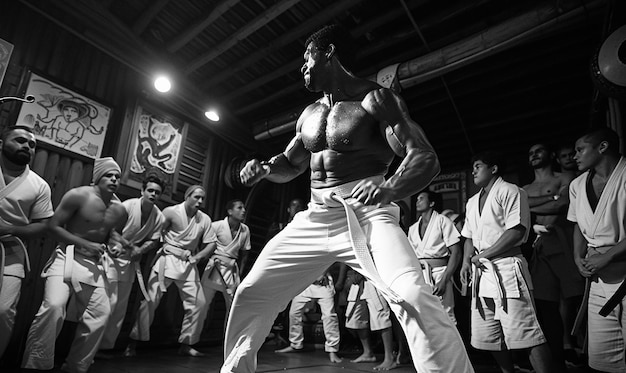 Photo capoeira mestre leading a roda with participants in action