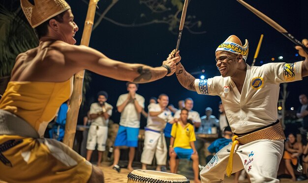 Photo capoeira mestre playing the berimbau with focused intensity