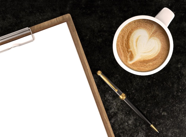 Cappuccino coffee cup with blank papers on clipboard and ballpoint pen