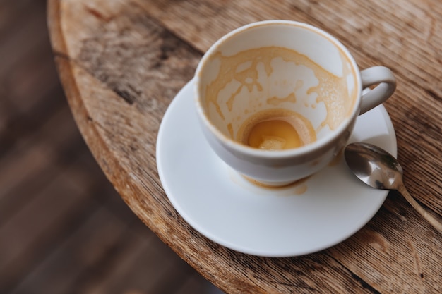 Cappuccino coffee stain in almost empty white cup with milk foam