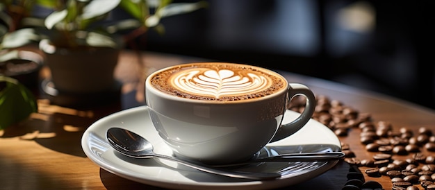 Cappuccino coffee on wooden table