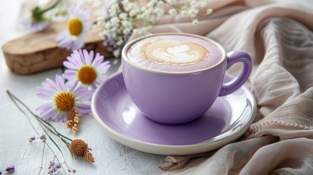 Cappuccino in purple cup on the table Boho Chic Styled Decor