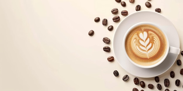 Cappuccino in white cup on beige background with scattered coffee beans