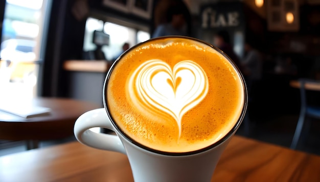 Photo cappuccino with heartshaped latte art in cozy coffee shop