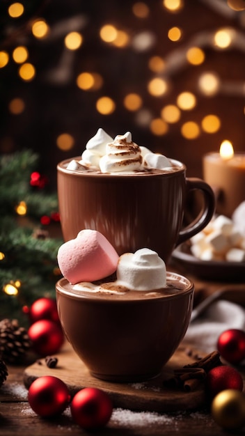 Cappuccino with marshmallow in glasses and candy cane on wooden table