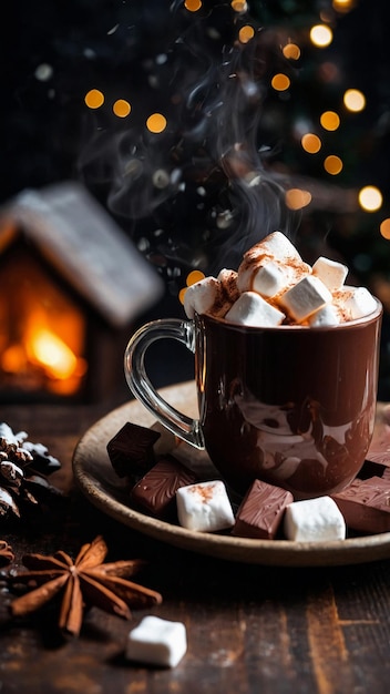 Cappuccino with marshmallow in glasses and candy cane on wooden table