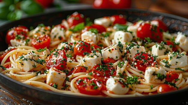 Photo caprese pasta with mozzarella and tomatoes