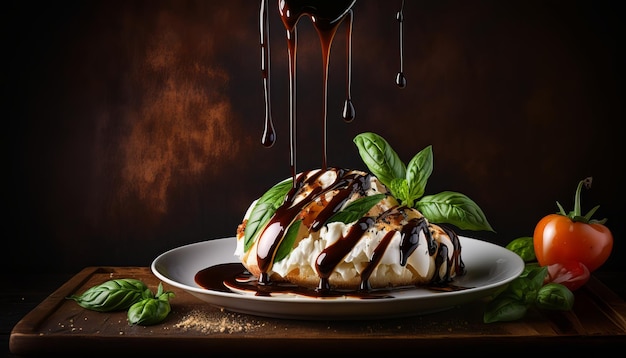 Caprese salad. Drizzling balsamic glaze over it. AI generative.