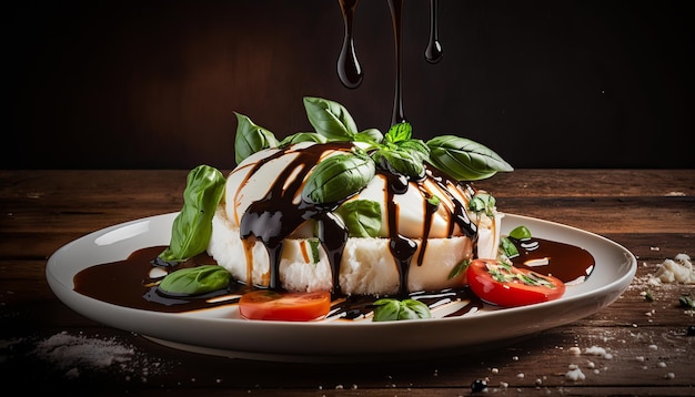 Caprese salad. Drizzling balsamic glaze over it. AI generative.