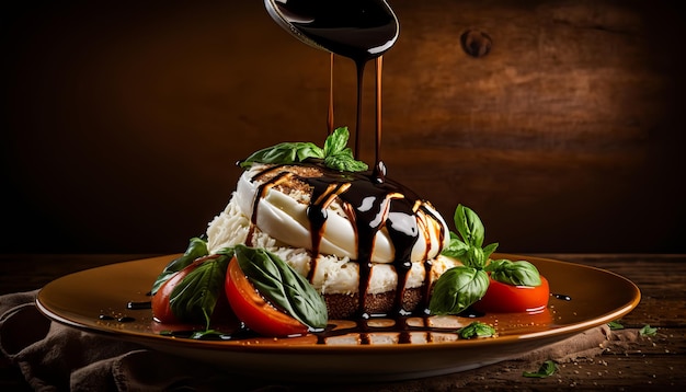 Caprese salad. Drizzling balsamic glaze over it. AI generative.