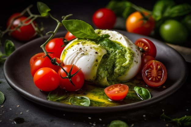 Caprese Salad Tomato and Mozzarella slices with basil leaves