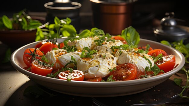 Caprese salad with mozzarella cheese tomatoes and basilgenerative ai