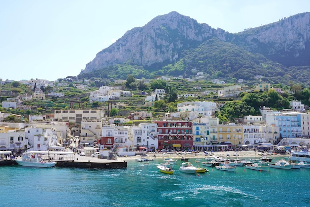 CAPRI ITALY MAY 2 2022 Beautiful view from the sea of Marina Grande port of Capri Island Italy