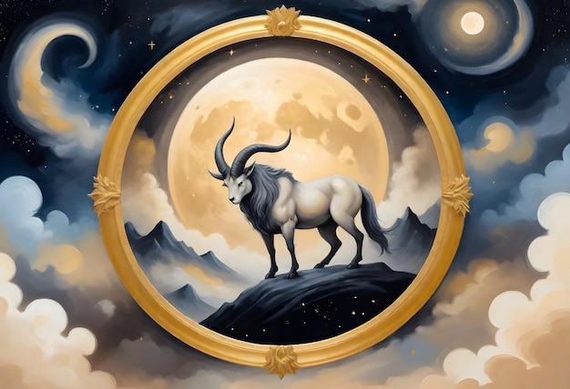 Capricorn zodiac sign a mountain goat with a full moon and stars