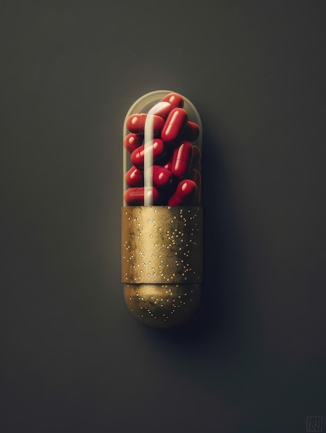 Photo a capsule filled with red pills on a dark background