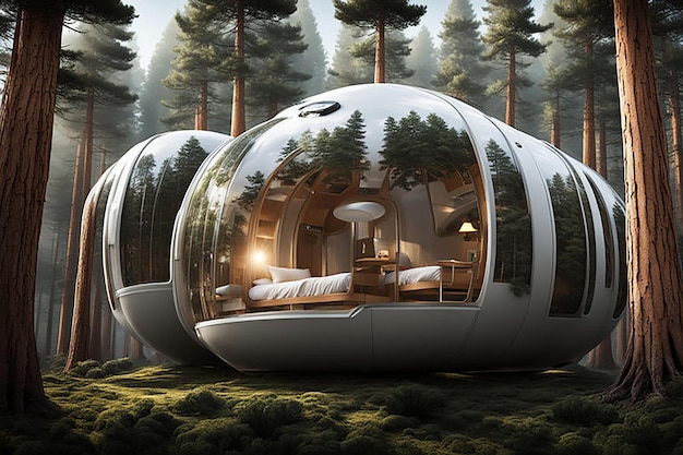 a capsule hotel in middle of forest