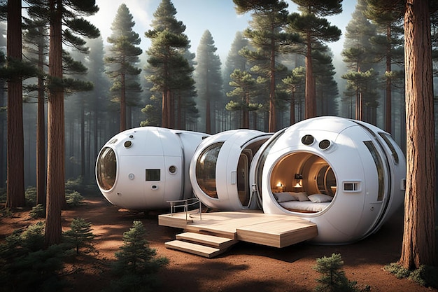 a capsule hotel in middle of forest