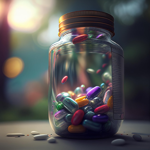 Capsule jar blurred background pills warehouse Generative AI