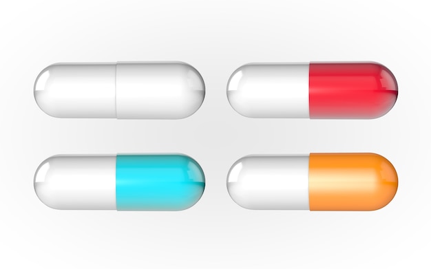 Capsule pill 4 color white red orange and bule 3d rendering background 