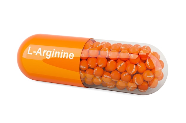 Capsule with LArginine dietary supplement 3D rendering isolated on white background