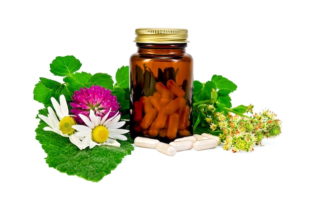 Capsules in a brown sealed jars and sprigs of mint, flowers of chamomile, clover, mignonette, sage leaf isolated on white background