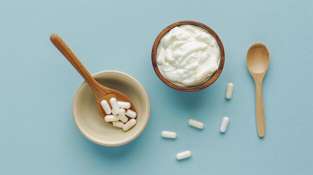 Photo capsules probiotic on a wooden spoon and bowl with homemade yogurt on light blue bac generative ai