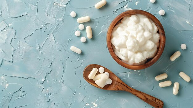 Photo capsules probiotic on a wooden spoon and bowl with homemade yogurt on light blue bac generative ai